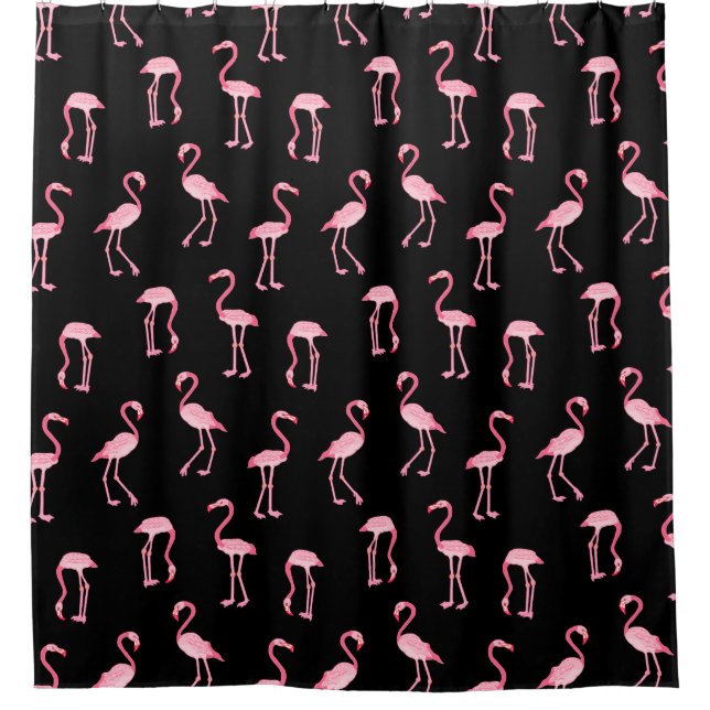 Pink Flamingo Birds Pattern Black or Custom Colour Shower Curtain (Front)
