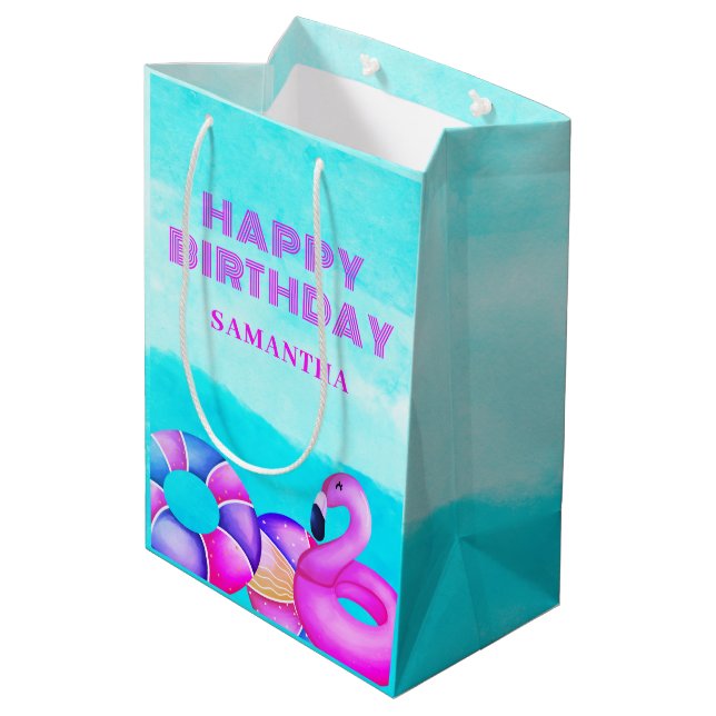 Pink Flamingo Birthday Pool Party Name Medium Gift Bag (Back Angled)