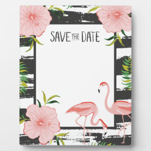 Pink Flamingo Black and White Stripe Save Date Plaque