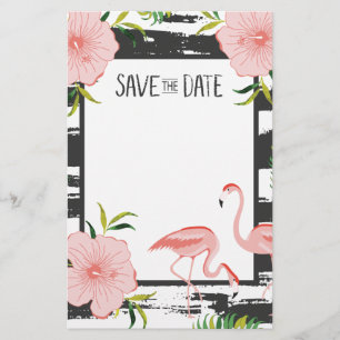 Pink Flamingo Black and White Stripe Save Date Stationery
