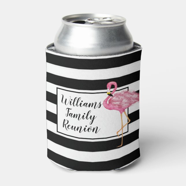 Pink Flamingo black white celebration reunion Can Cooler (Can Front)
