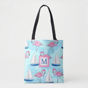 Pink Flamingo Blue Sailboat Preppy Monogram Tote Bag