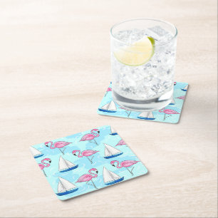 Pink Flamingo Blue Sailboat Preppy Nautical Square Paper Coaster