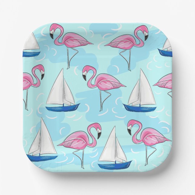 Pink Flamingo Blue Sailboat Preppy Paper Plate (Front)