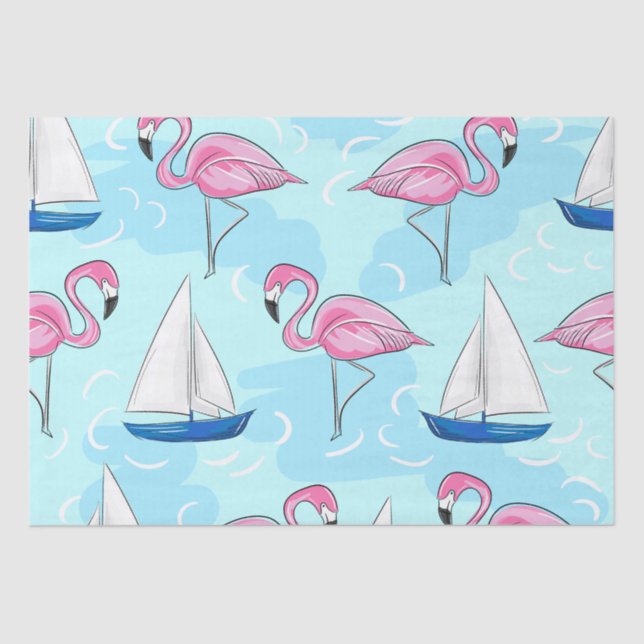 Pink Flamingo Blue Sailboat Preppy Tissue Paper (Front)