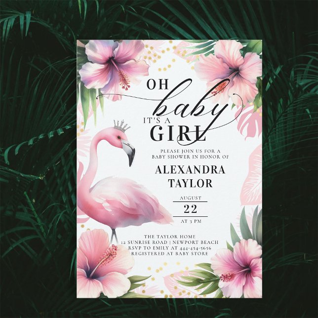 Pink Flamingo Bold Tropical Pink Girl Baby Shower Invitation (flamingo baby girl shower invitation pink oh baby its a girl tropical hibiscus greenery elegant)
