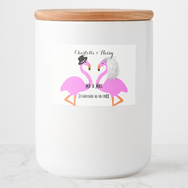 Pink Flamingo Bride & Groom Personalised Food Label (Front)