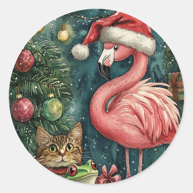 Pink Flamingo Cat & Frog Tropical Christmas  Classic Round Sticker (Front)