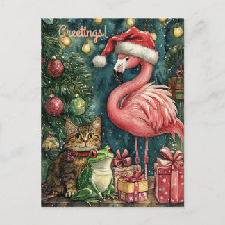 Pink Flamingo Cat & Frog Tropical Christmas Holiday Postcard