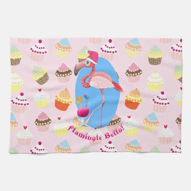 Pink Flamingo Christmas Cocktails and Cupcakes Tea Towel (Horizontal)