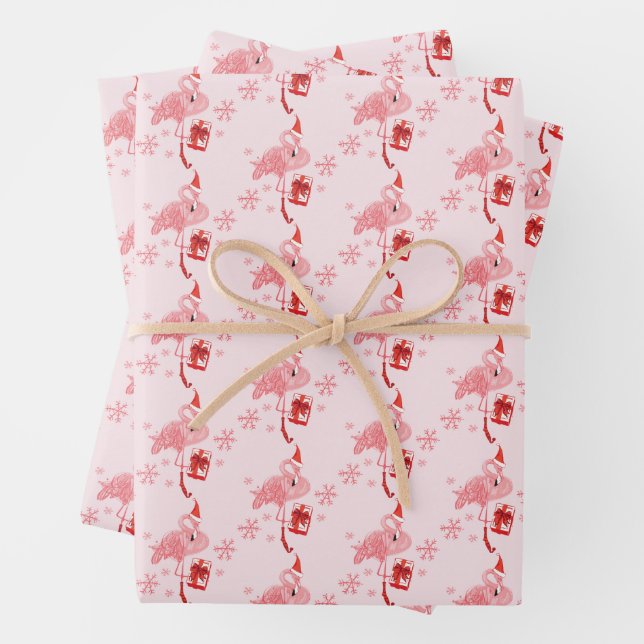 Pink Flamingo Christmas Holiday Whimsical Wrapping Paper Sheet (In situ)