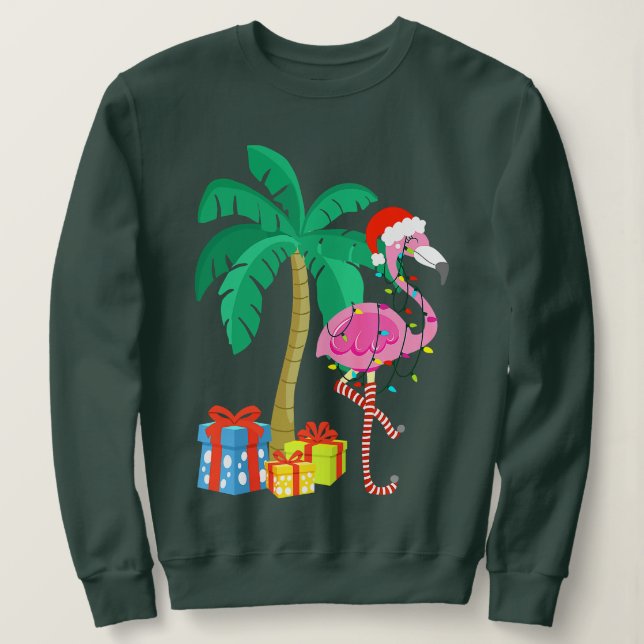 Pink Flamingo Christmas Palm Tree Tropical Xmas Fu Sweatshirt (Design Front)