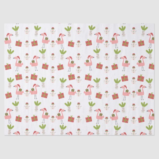 Pink Flamingo Christmas Snowman Pink White Red  Tissue Paper (Front)