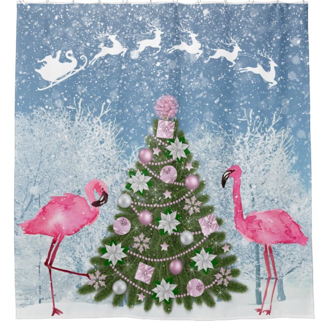 Pink Flamingo Christmas Tree Shower Curtain (Front)
