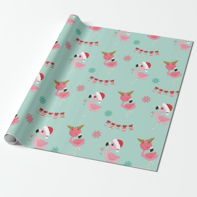 Pink Flamingo Christmas Wrapping Paper (Unrolled)