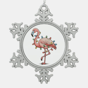 Pink Flamingo Christmas Xmas Lights Holiday Snowflake Pewter Christmas Ornament