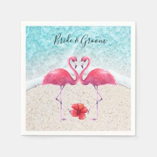 Pink Flamingo couple love at the beach Wedding   Napkin