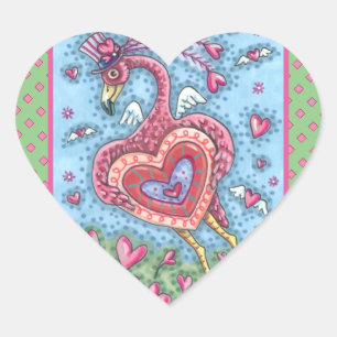PINK FLAMINGO CUPID AND FLYING HEARTS VALENTINE HEART STICKER