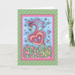 PINK FLAMINGO CUPID AND FLYING HEARTS VALENTINE HOLIDAY CARD