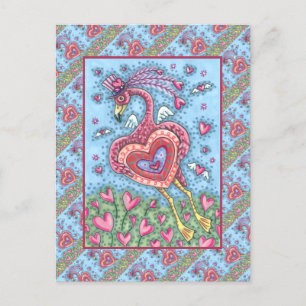 PINK FLAMINGO CUPID AND FLYING HEARTS VALENTINE HOLIDAY POSTCARD