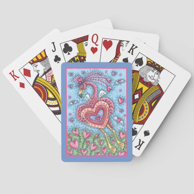 PINK FLAMINGO CUPID AND FLYING HEARTS VALENTINE PLAYING CARDS (Back)