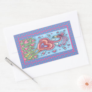 PINK FLAMINGO CUPID AND FLYING HEARTS VALENTINE RECTANGULAR STICKER