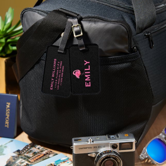 Pink Flamingo Custom text Black Paisley Luggage Tag (Front & Back)