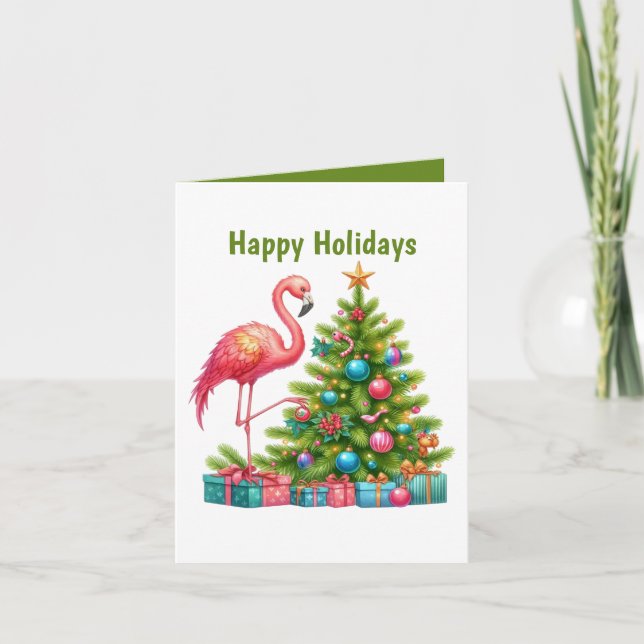 pink flamingo customisable Happy Holiday Card (Front)