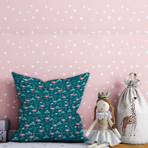 Pink Flamingo cute green teal pattern Cushion