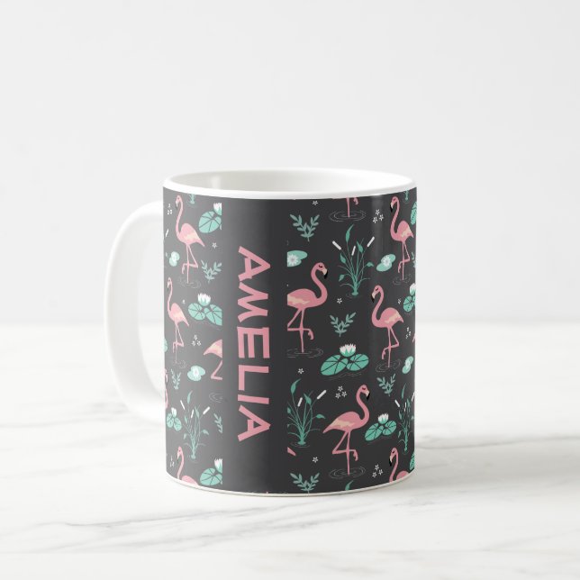  Pink Flamingo cute grey pattern name Coffee Mug (Front Left)