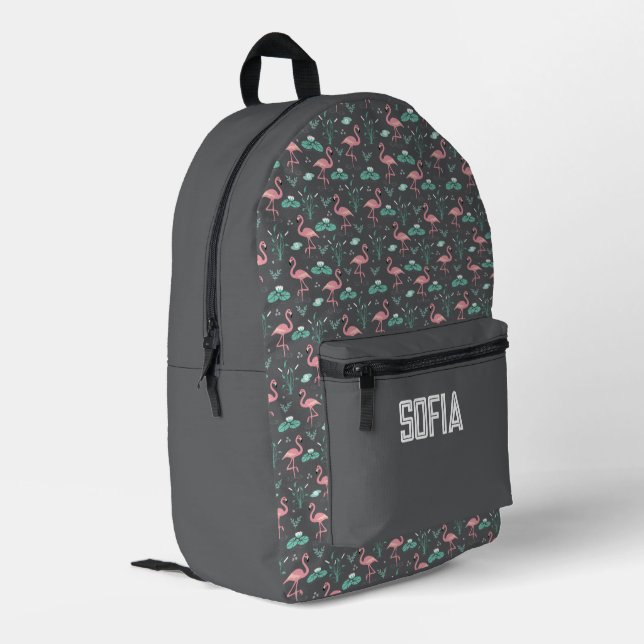  Pink Flamingo cute grey pattern name Printed Backpack (Back Corner Left)