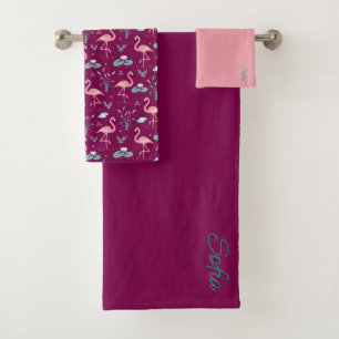 Pink Flamingo cute red teal pattern Bath Towel Set