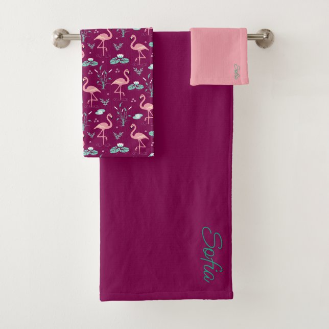  Pink Flamingo cute red teal pattern Bath Towel Set (Insitu)