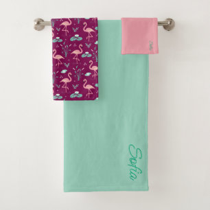 Pink Flamingo cute red teal pattern Bath Towel Set