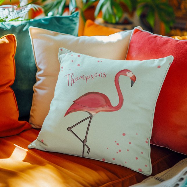 Pink Flamingo Cute Script Personalised  Cushion (Pink flamingo and light blue custom throw pillow)