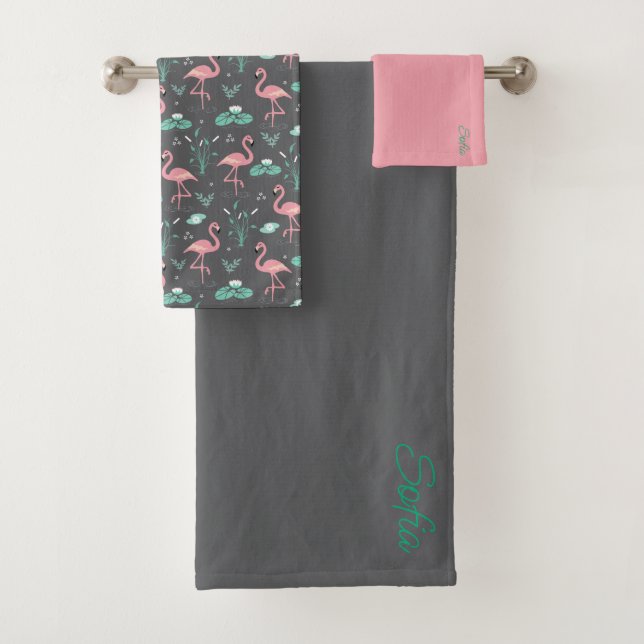  Pink Flamingo cute tuquoise grey pattern Bath Towel Set (Insitu)