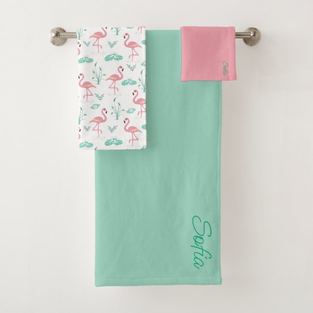  Pink Flamingo cute tuquoise grey pattern Bath Towel Set (Insitu)