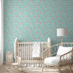 Pink Flamingo cute turquoise pattern Wallpaper