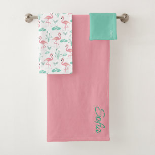 Pink Flamingo cute yellow pattern Bath Towel Set