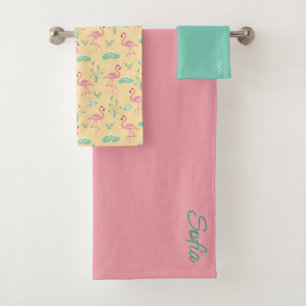 Pink Flamingo cute yellow pattern Bath Towel Set