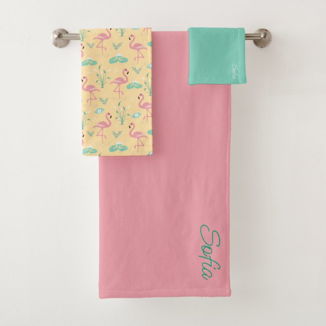  Pink Flamingo cute yellow pattern Bath Towel Set (Insitu)