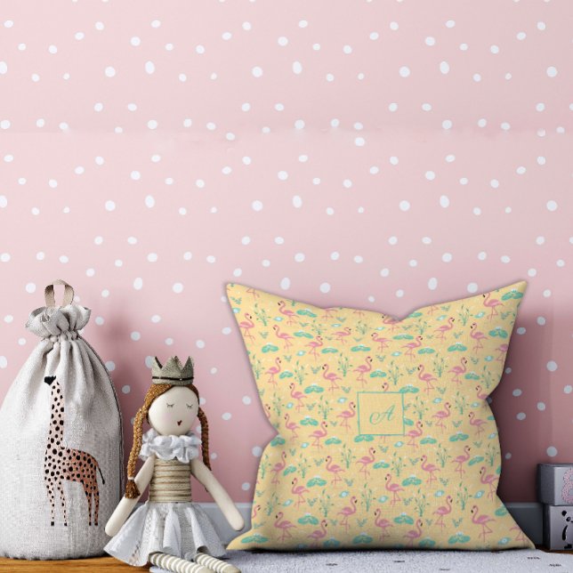  Pink Flamingo cute yellow pattern initial Cushion (Creator Uploaded)