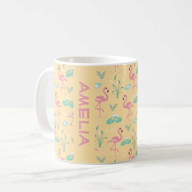  Pink Flamingo cute yellow pattern name Coffee Mug (Front Left)