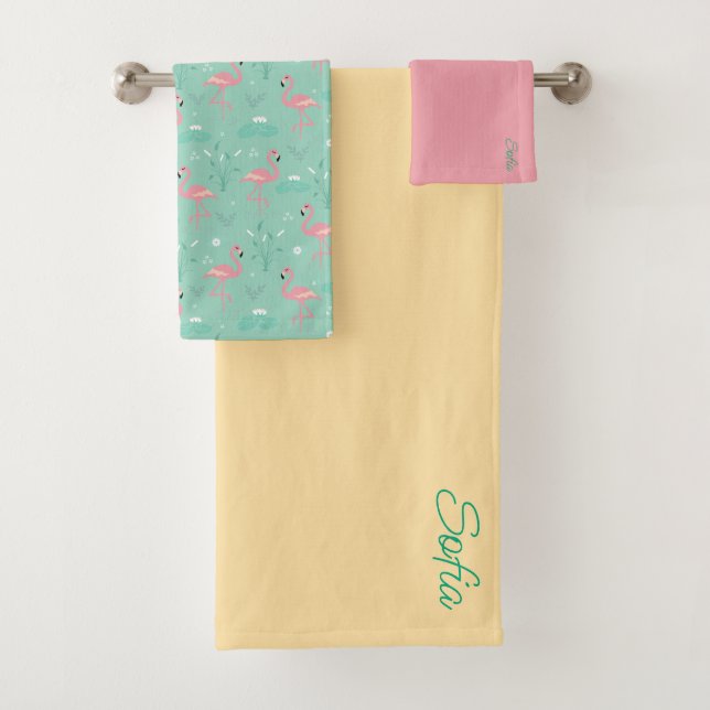  Pink Flamingo cute yellow  teal pattern Bath Towel Set (Insitu)
