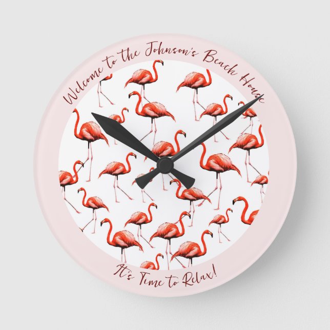 Pink Flamingo Design Beach House Welcome Summer Round Clock (Front)