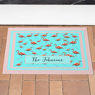 Pink Flamingo Design Custom Family Name Summer Doormat