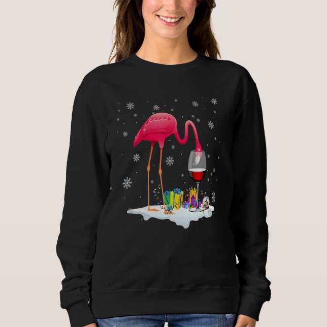 Pink Flamingo Drink Wine On Christmas Xmas Sweatshirt (Front)