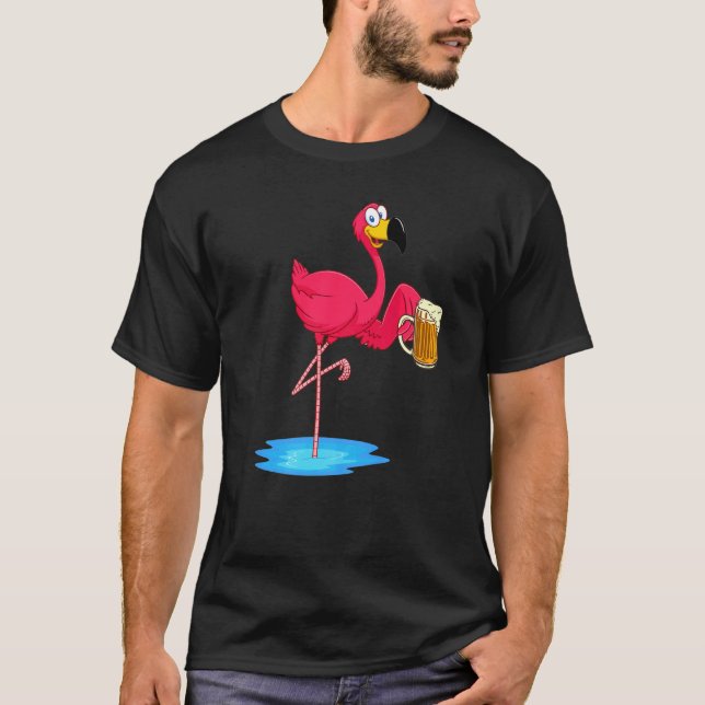 Pink Flamingo Drinking Beer  Drinker Summer Vibes T-Shirt (Front)