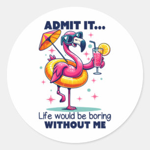 Pink Flamingo Drinking Tails Summer Vacation Beach Classic Round Sticker