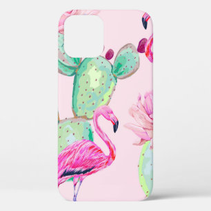 Pink flamingo, exotic birds, gentle flowers, rose, iPhone 12 case